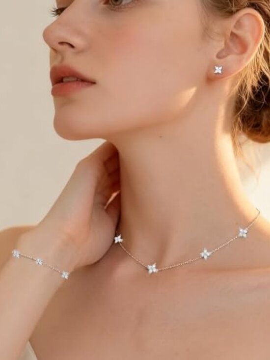 Jewelry - 14K Silver Plated Four Leaf Bracelet Choker Necklace and Earring Jewelry Set